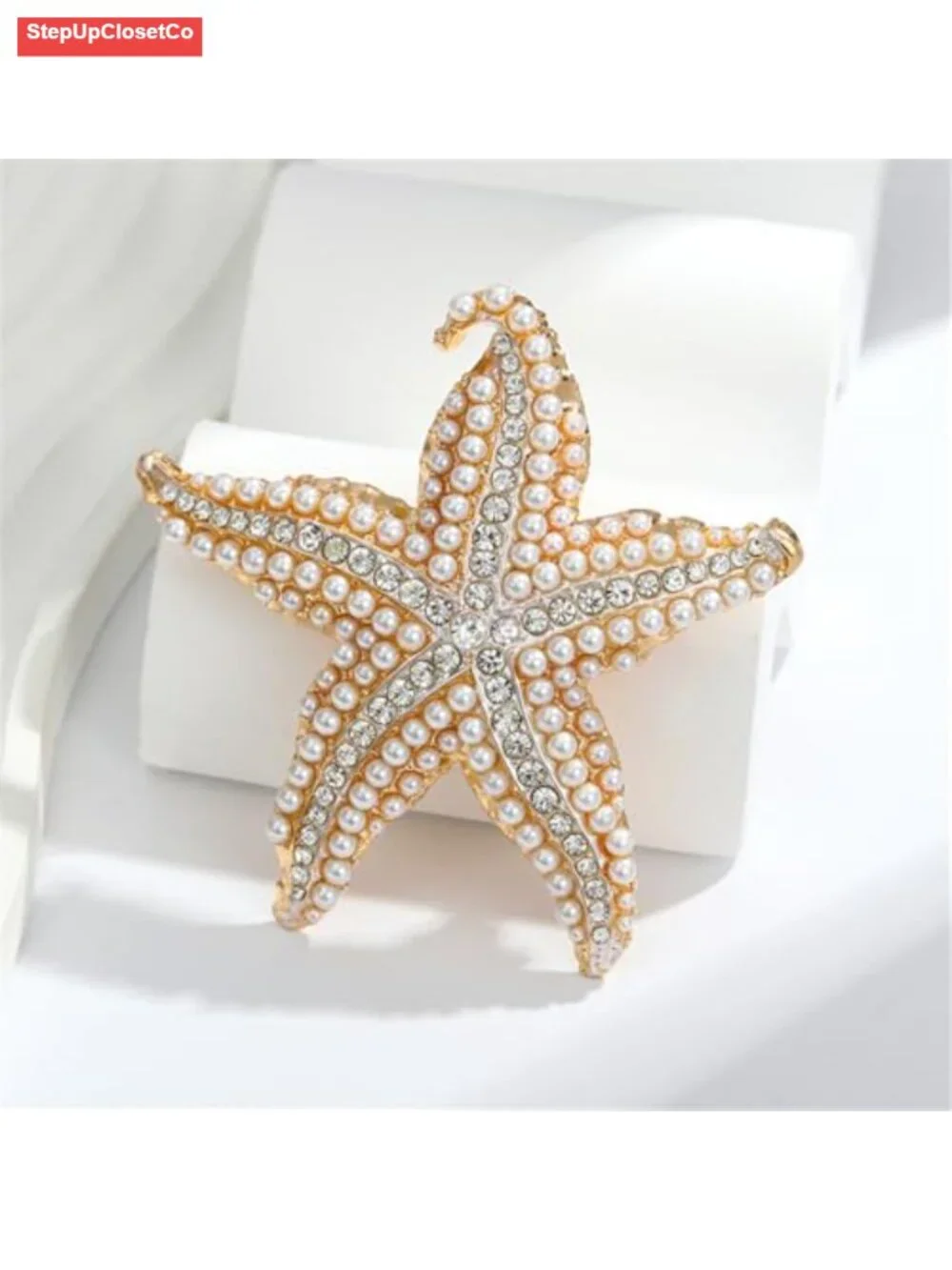 Starfish Rhinestone Pearl Brooch Gold Plated Elegant Crystal Pin